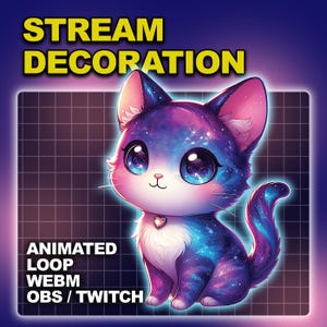 Nebula Meow stream asset-   Animated  Cosmic Chibi Cat Stream Decorations for VTubers, Twitch/YouTube , Starry Purr, Animated Galaxy Cat