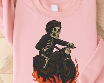 Skeleton Biker Sweatshirt , Flaming Motorcycle Skull Graphic , Skeleton Motorcycle Unisex Sweatshirt , Skull Rider Edgy Biker Pullover