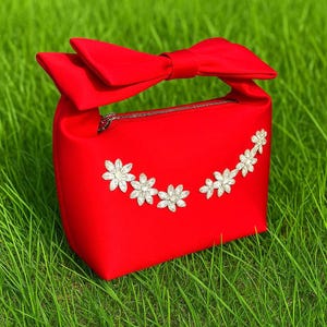 Red Satin Clutch with Rhinestone Leaf Bow: Handmade Evening Purse