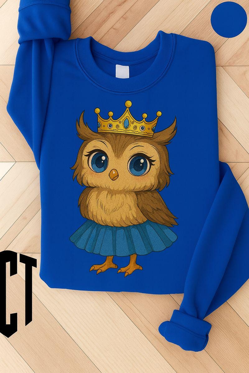 Cute Owl Sweatshirt , Princess Owl Graphic , Adorable Owl Unisex Sweatshirt , Cute Crowned Owl Desig