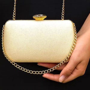 Glitter Gold Evening Clutch , Crystal Handle, Velvet Lining
