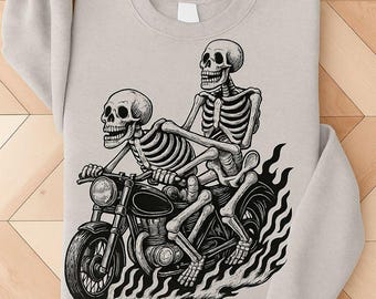 スケルトンバイカースウェットシャツ、モーターサイクルスケルトングラフィック、ユニセックスゴシッククルーネック、ゴシックスケルトンスウェットシャツ、ファンへのクリスマスギフト