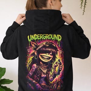 Bluza z kapturem Underground Punk Girl, bluza z kapturem z nadrukiem z tyłu w stylu gotyckiej sztuki ulicznej, alternatywny grunge, unisexowa bluza z kapturem w stylu miejskim, bluza z kapturem w stylu grunge