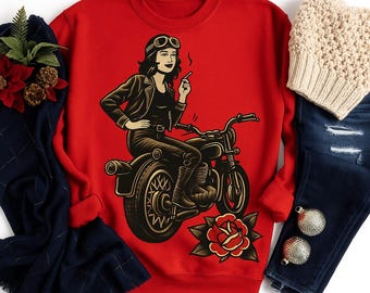 Biker Girl Sweatshirt | Vintage Motorcycle Lady Graphic Crewneck | Retro Rock Streetwear Pullover | Unisex Cool Rider Christmas Gift