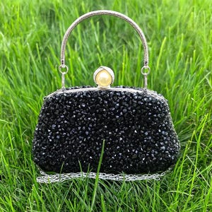 Black Crystal Evening Clutch: Rhinestone Party Bag with Chain Strap