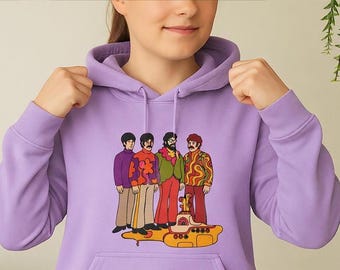 Sudadera con capucha con ilustración de cuatro miembros de una banda / Arte retro de banda, sudadera con capucha con estuche de guitarra