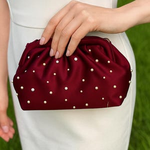 Luxury Burgundy Satin Clutch: Crystal Strap Evening Purse