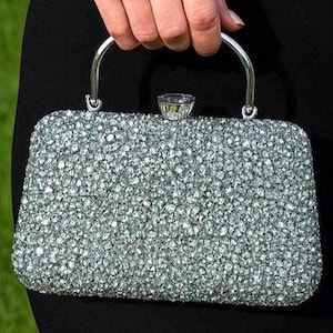 Silver Crystal Evening Clutch, Rhinestone Bridal Handbag with Chain