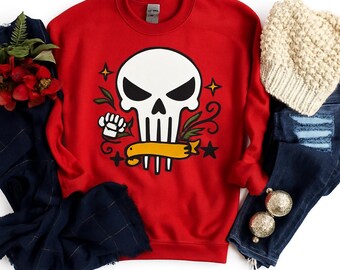 Sweat-shirt tête de mort et rose | Ras du cou graphique floral gothique cool | Pull streetwear avant-gardiste | Cadeau de Noël style tatouage rétro