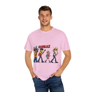 Gorillaz Cartoon Band T-Shirt , Retro Music Graphic Tee , Vintage Rock Anime Style Shirt , Pink Unisex Streetwear , Fan Art Band Tee