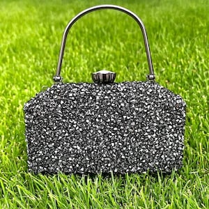 Anthracite Crystal Evening Clutch: Rhinestone Party Bag with Chain