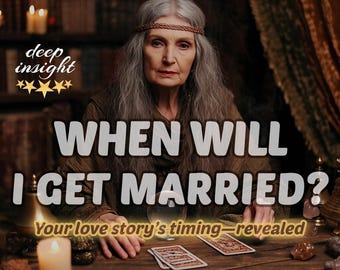 May include: An image featuring an older woman with long gray hair and a headband, seated at a wooden table. Text on the image reads "WHEN WILL I GET MARRIED?" and "Your love story's timing - revealed."