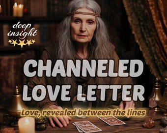 May include: An image featuring a woman with long gray hair and a headband, seated at a wooden table. The text "CHANNELED LOVE LETTER" is prominently displayed. Tarot cards, candles, and a crystal ball are also visible.