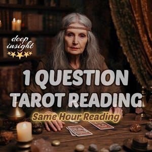May include: An image promoting a tarot reading service. The text reads "1 QUESTION TAROT READING" and "Same Hour Reading." A woman with long gray hair sits at a wooden table with tarot cards, candles, and a decorative brass object. The words "deep insight" are also visible.