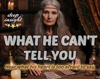 May include: An image featuring a woman with long gray hair and a headband, seated at a wooden table. Text on the image reads "WHAT HE CAN'T TELL YOU" and "Hear what his heart is too afraid to say."