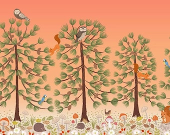 Evergreen by Lewis and Irene Fabrics - A696 Sunset Double Edge Border -By the Yard - 100% Cotton - squirrel, forest, owl, mushrooms,