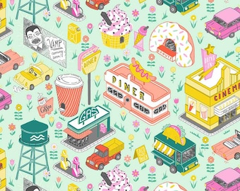 American Road Trip by Jacqueline Colley for FIGO Fabrics - Drive In in Green - By the Yard - 100% Cotton - taco truck, diner, donuts, cars