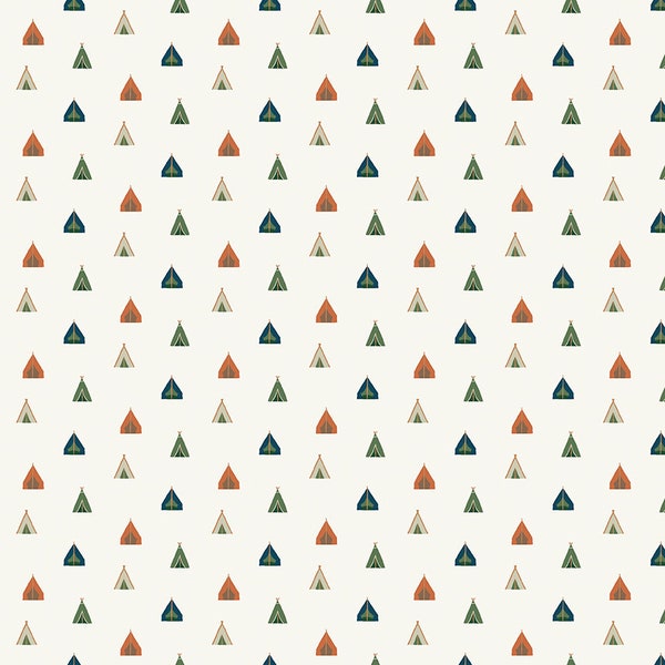 Adventure is Calling by Riley Blake - Tents in Cream - By the Yard - 100% Cotton - camping fabric, teepees, vintage camping, happy camper