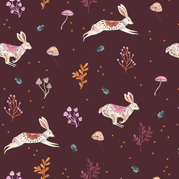 Maple Woods by Dashwood Studio - 2214 - Fabric By the Yard - 100% Cotton - rabbit fabric, burgundy, floral, flowers, jewel tone, animals
