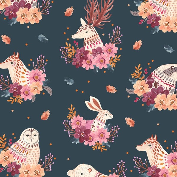 Maple Woods by Dashwood Studio - 2216 - Fabric By the Yard - 100% Cotton - rabbit, fox, squirrel, deer, badger, bear fabric