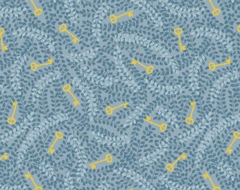Secret Winter Garden by Lewis and Irene Fabrics - A657.2 Gold Metallic Keys on Morning Blue - By the Yard - 100% Cotton
