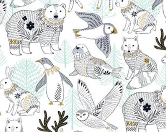 Arctic by Dashwood Studio - ARC2200 White - By the Yard - 100% Cotton - Winter woodland creatures, Christmas, polar bear, penguin, puffin