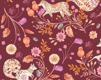 Maple Woods by Dashwood Studio - 2212 - Fabric By the Yard - 100% Cotton - squirrel, deer, badger, fox, floral, flowers, jewel tone, animals