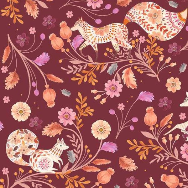 Maple Woods by Dashwood Studio - 2212 - Fabric By the Yard - 100% Cotton - squirrel, deer, badger, fox, floral, flowers, jewel tone, animals