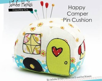 Happy Camper/Kitschy Camper Pincushion Kit, RV, trailer, fifth wheel, pin cushion, vacation, camping, vintage camper, vintage camping