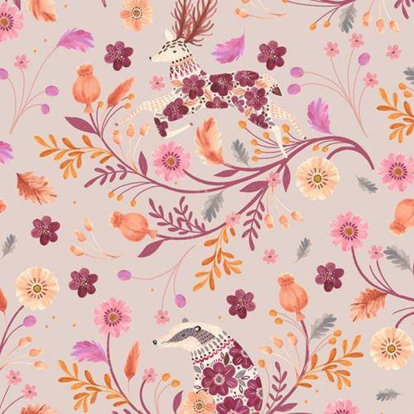 Maple Woods by Dashwood Studio - 2213 - Fabric By the Yard - 100% Cotton - squirrel, deer, badger, fox, floral, flowers, jewel tone, animals