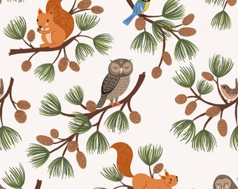 Evergreen by Lewis and Irene Fabrics - A691.1 Pine Cone Branches on Cream - By the Yard - 100% Cotton -squirrel, forest, pine trees, owl