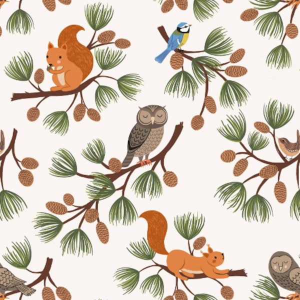 Evergreen by Lewis and Irene Fabrics - A691.1 Pine Cone Branches on Cream - By the Yard - 100% Cotton -squirrel, forest, pine trees, owl