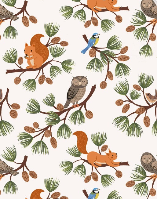 Evergreen by Lewis and Irene Fabrics - A691.1 Pine Cone Branches on Cream - By the Yard - 100% Cotton -squirrel, forest, pine trees, owl