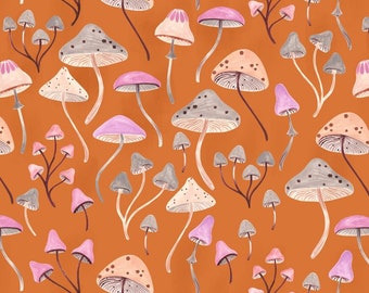 Maple Woods by Dashwood Studio - 2218 - Fabric By the Yard - 100% Cotton - mushroom fabric, toadstool fabric, orange fabric fabric