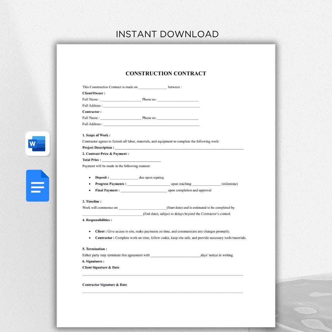 Editable Construction Contract Template: Builder Agreement (word, PDF ...