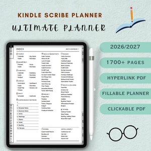 May include: A digital Kindle Scribe planner titled Ultimate Planner for 2026/2027, featuring 1700+ pages, a hyperlink PDF, and a fillable interface. The screen displays an index with sections for yearly, quarterly, monthly, weekly, and daily planning.