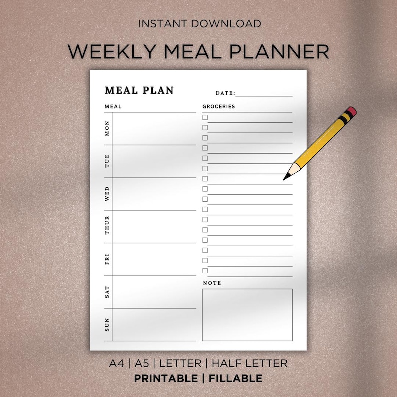 Weekly Meal Planner Printable Template: Grocery List, A4/a5/letter ...