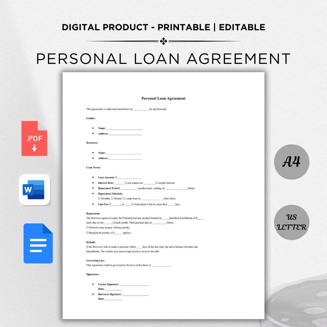 Personal Loan Agreement Template: Editable Promissory Note (instant ...