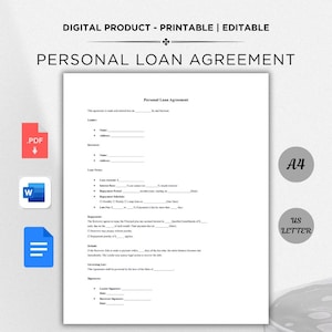 One Page Personal Loan Agreement  Editable Promissory Note Template. Instant Download in MS Word, PDF, or Google Docs.