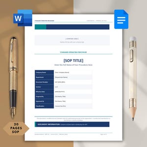 May include: A standard operating procedure document template featuring a white background with dark blue headers and text fields. The document includes sections for company name, department, document number, version, and date, flanked by two pens.