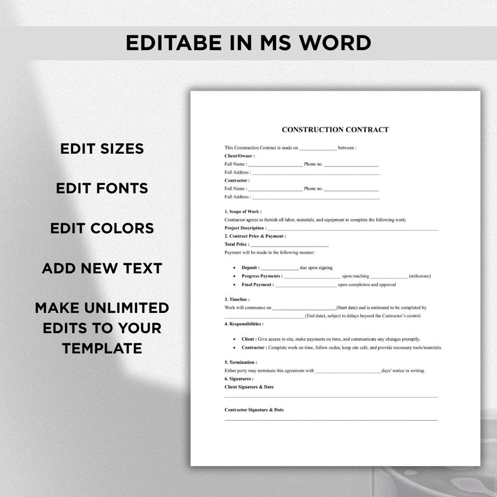 Editable Construction Contract Template: Builder Agreement (word, PDF ...