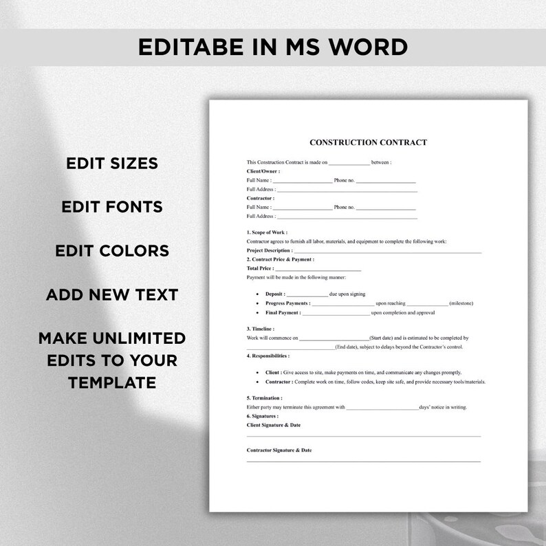 Color Contract Example Editable Construction Contract Template: Builder Agreement (word, PDF ...