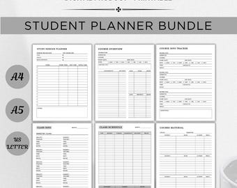 May include: A digital printable student planner bundle with various templates, including a study session planner, course overview, and class schedule. The bundle is available in A4, A5, and US Letter sizes. The text "DIGITAL PRODUCT - PRINTABLE" is at the top.