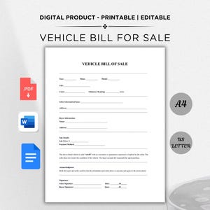 Printable Vehicle Bill of Sale Template. Motor Vehicle Sale Contract Template. Fillable PDF, Editable Word & Google Docs