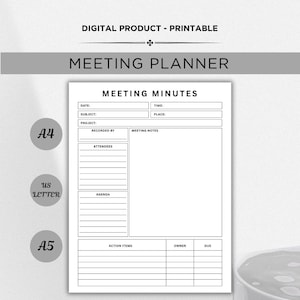 Op de afbeelding: Een witte, afdrukbare vergaderplanner met de tekst "MEETING PLANNER" en "MEETING MINUTES". Bevat secties voor datum, tijd, onderwerp, plaats, deelnemers, agenda, actiepunten, eigenaar en vervaldatums. Verkrijgbaar in A4, US Letter en A5 formaten.
