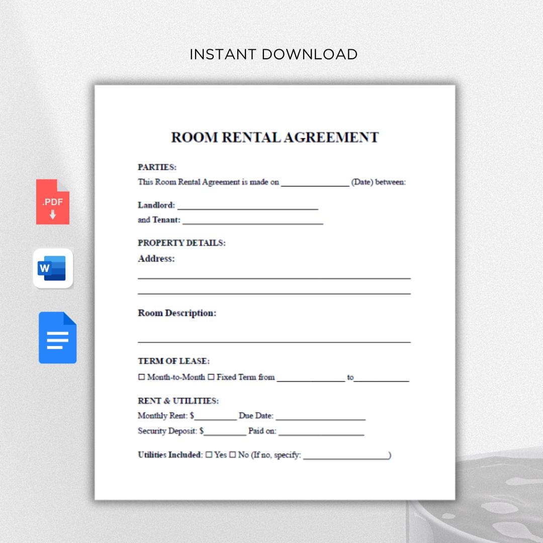 Room Renting Paper Editable Room Rental Agreement Template: A4 & US Letter (digital ...