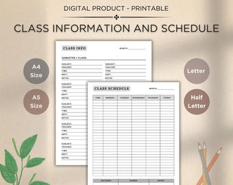Puede incluir: Información y horario de clases imprimibles. El diseño incluye una hoja de información de clase y una hoja de horario de clase. La imagen también incluye opciones de tamaño A4, A5, Carta y Media Carta. El texto de la imagen dice "Descarga instantánea" y "Producto digital - Imprimible".