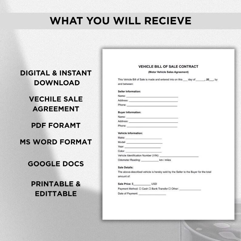 Vehicle Bill of Sale Contract Template Editable PDF & Word A4 US