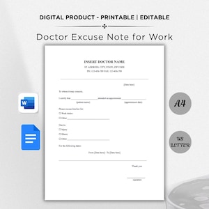 Op de afbeelding: Een afdrukbare en bewerkbare doktersbriefje voor werk. Het document bevat velden voor informatie van de dokter, patiëntgegevens en redenen voor afwezigheid. De tekst bevat "Doctor Excuse Note for Work" en "Insert Doctor Name". Beschikbaar in A4- en US Letter-formaten.