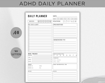 May include: A printable ADHD daily planner with a white background. The planner includes sections for mood, to-do lists, priorities, meal tracking, water intake, exercise, and notes. The text "ADHD DAILY PLANNER" is at the top. Includes A4 and US Letter sizes.